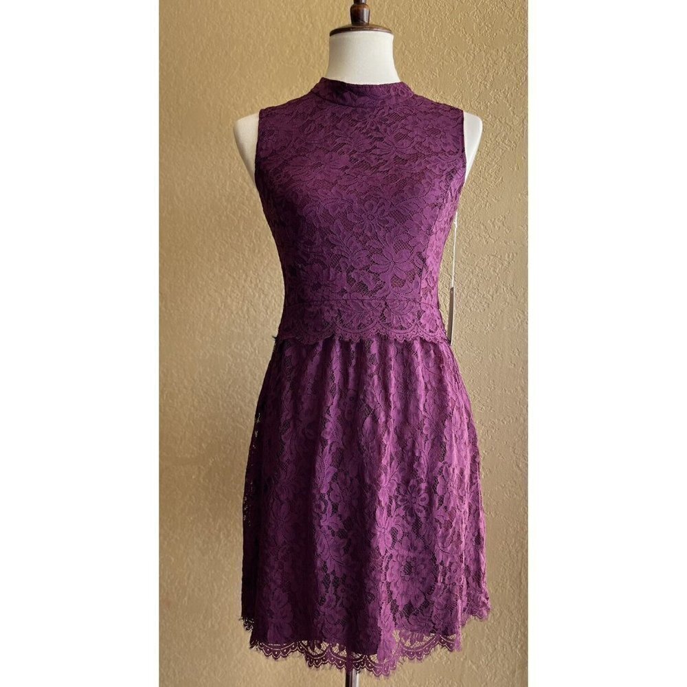 Charles Henry Burgundy Mock Neck Lace Dress XS Sleeveless Lined - Picture 2 of 11